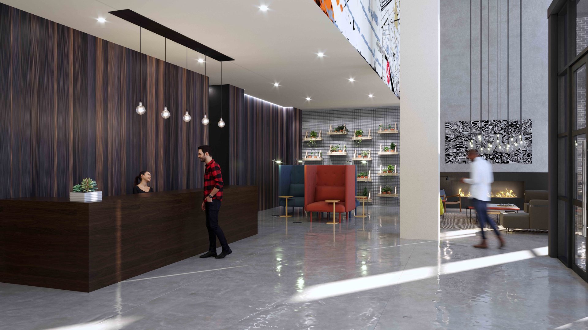 Interior lobby rendering graphically separated to match the design of the website