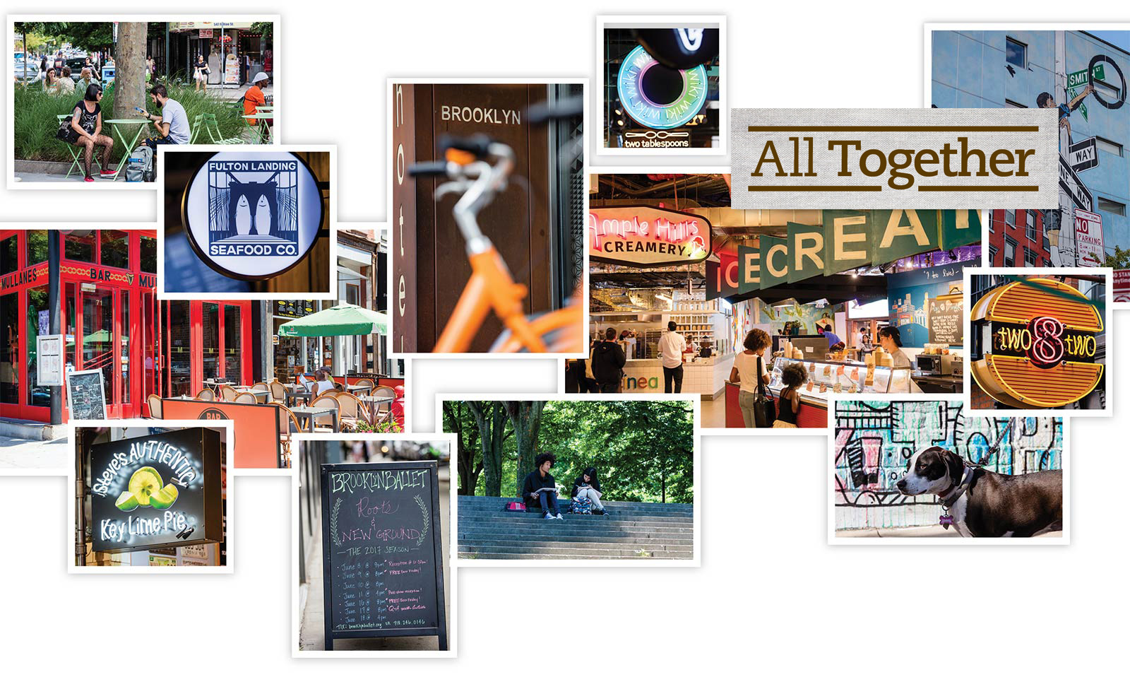 Photo montage  - fort green park, two & two, Mullanes & interior of the Dekalb Market Hall and other interesting neighborhood attractions